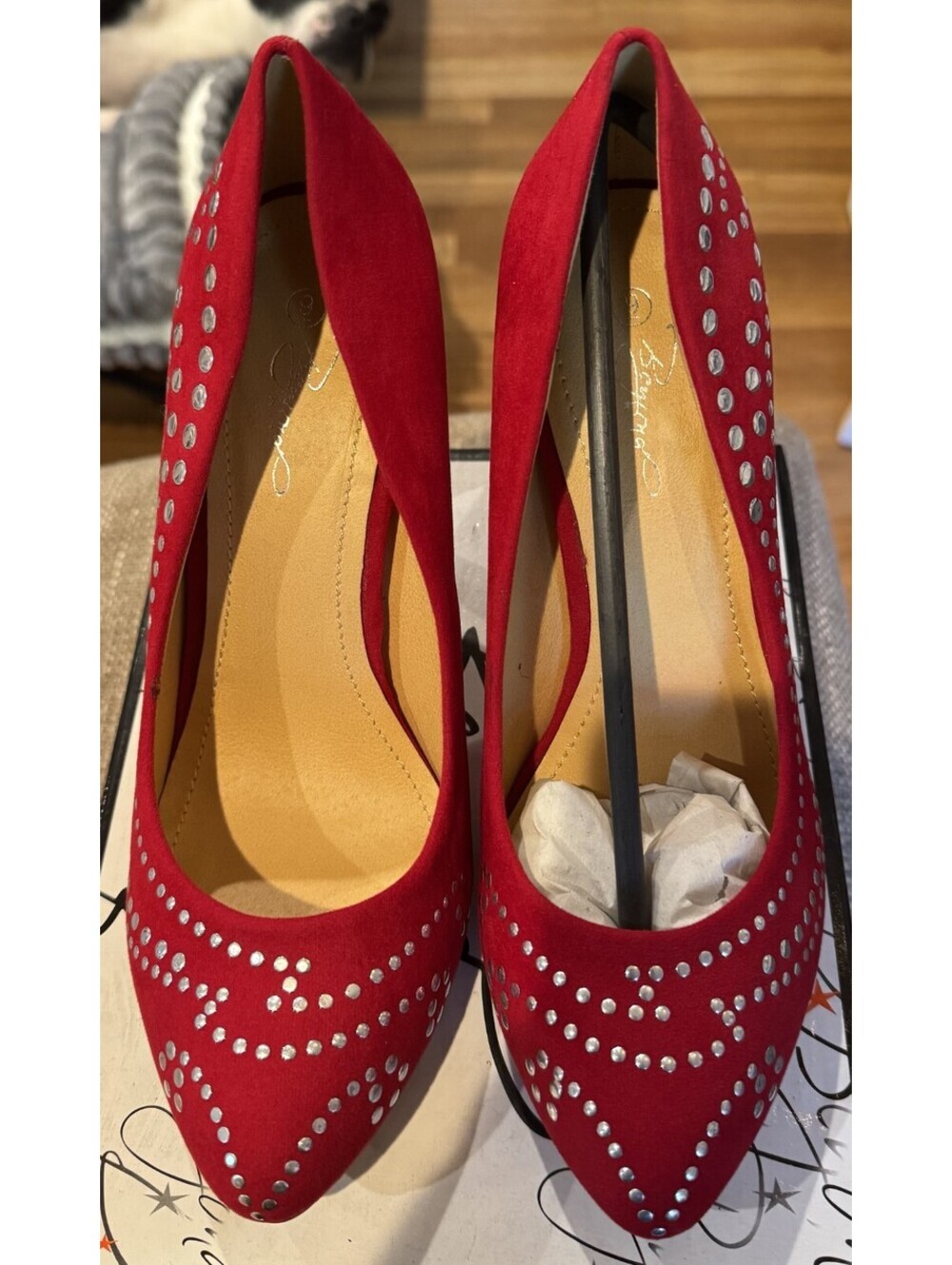 Womens Beyond Red Suede Silver Studded High Heel Shoes 9M